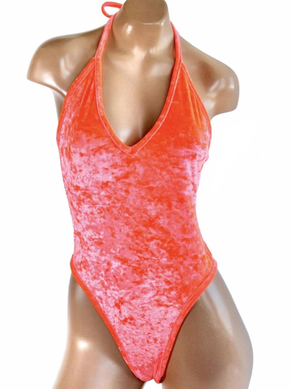 NEW SUGARPUSS CLOTHING women's high-cut halter bodysuit in solid crushed velvet